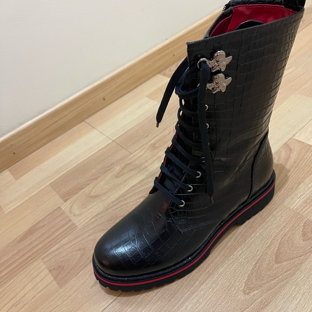 Stunning Black Crocodile Pattern Women's Combat Boots with Red Accents. - Picture 3 of 11